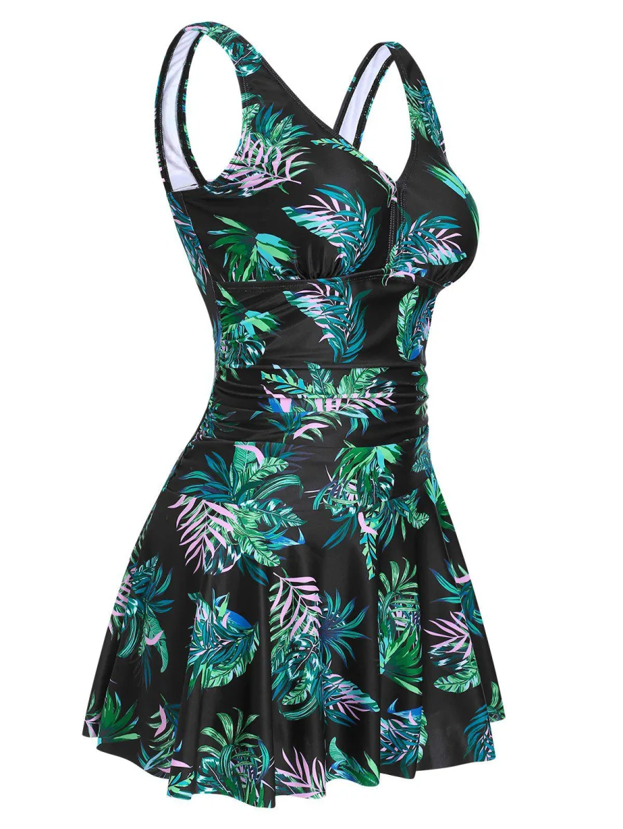 Leaf Print Ruched Skirted Tankini Swimwear